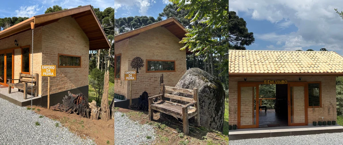 Fachada, banco e a pedra do Emp&oacute;rio da Pedra